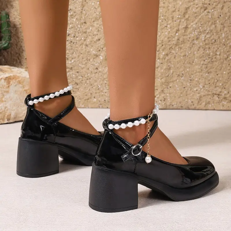 Women's Thick Heel Shoes Spring New Square Head Shallow Mouth Thick Bottom Metal Buckle Anti-slip Wear Mary Jane Shoes