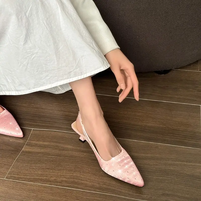 Women's Fashion Stiletto Wrapped Toe Sandals Summer New Pointy Shallow Mouth Sequin Set Foot Non-slip High Heels