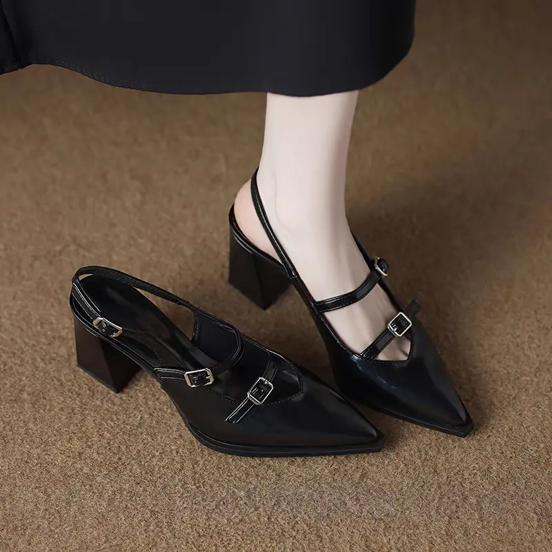 Four Season Patent Leather Double Buckle Mary Jane High Heels for Women Xia Jue Baotou Block Heel with Skirt Sandals