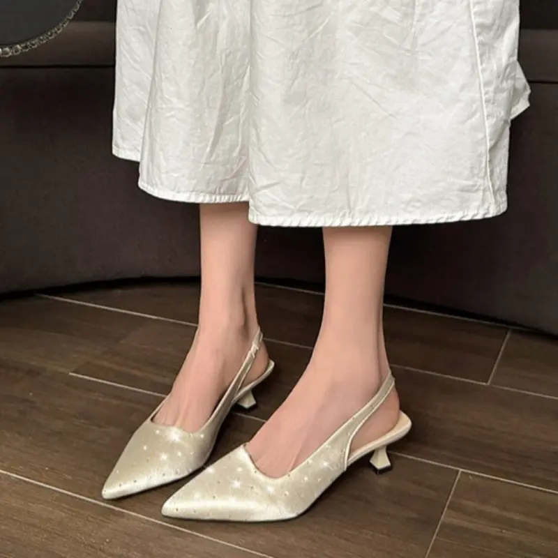 Women's Fashion Stiletto Wrapped Toe Sandals Summer New Pointy Shallow Mouth Sequin Set Foot Non-slip High Heels