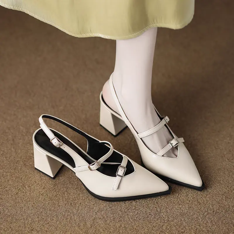 Four Season Patent Leather Double Buckle Mary Jane High Heels for Women Xia Jue Baotou Block Heel with Skirt Sandals