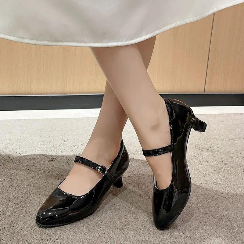 Women's Autumn New Pointed Toe Shallow Heel Mary Jane Single Shoes Metal Buckle One Strap Non-Slip Low Top Shoes