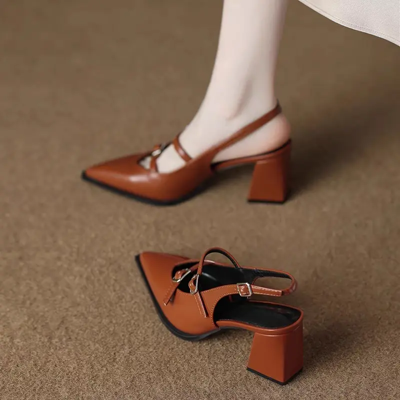 Four Season Patent Leather Double Buckle Mary Jane High Heels for Women Xia Jue Baotou Block Heel with Skirt Sandals