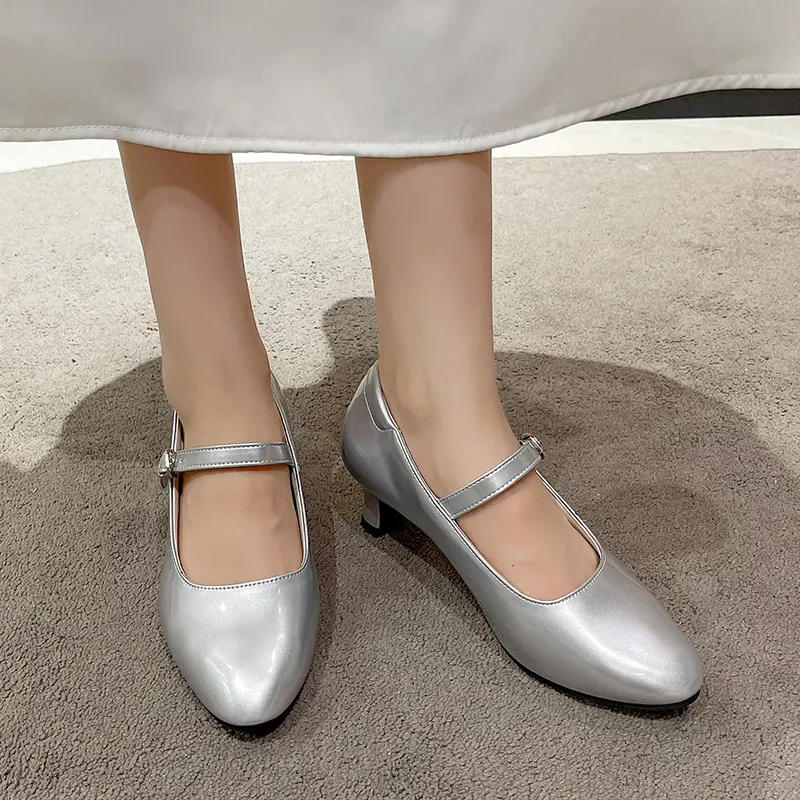 Women's Autumn New Pointed Toe Shallow Heel Mary Jane Single Shoes Metal Buckle One Strap Non-Slip Low Top Shoes