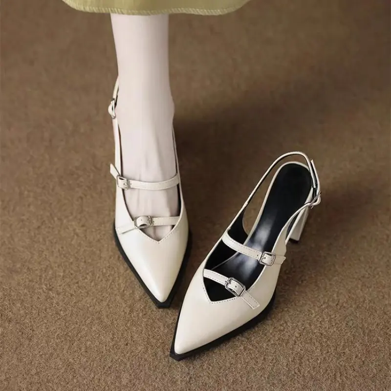 Four Season Patent Leather Double Buckle Mary Jane High Heels for Women Xia Jue Baotou Block Heel with Skirt Sandals