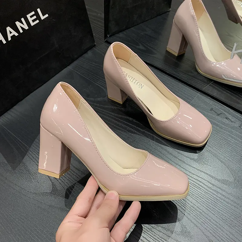 Autumn New Thick Heel Shoes Women's Fashion Square Head Shallow Mouth Slip-on Non-slip Low High Heels