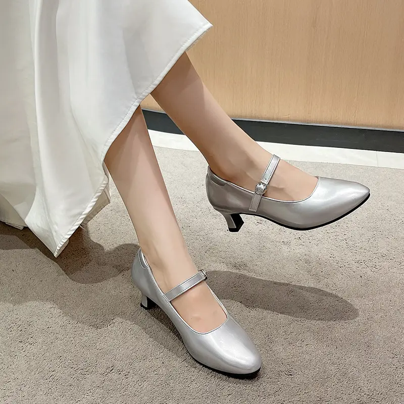Women's Autumn New Pointed Toe Shallow Heel Mary Jane Single Shoes Metal Buckle One Strap Non-Slip Low Top Shoes