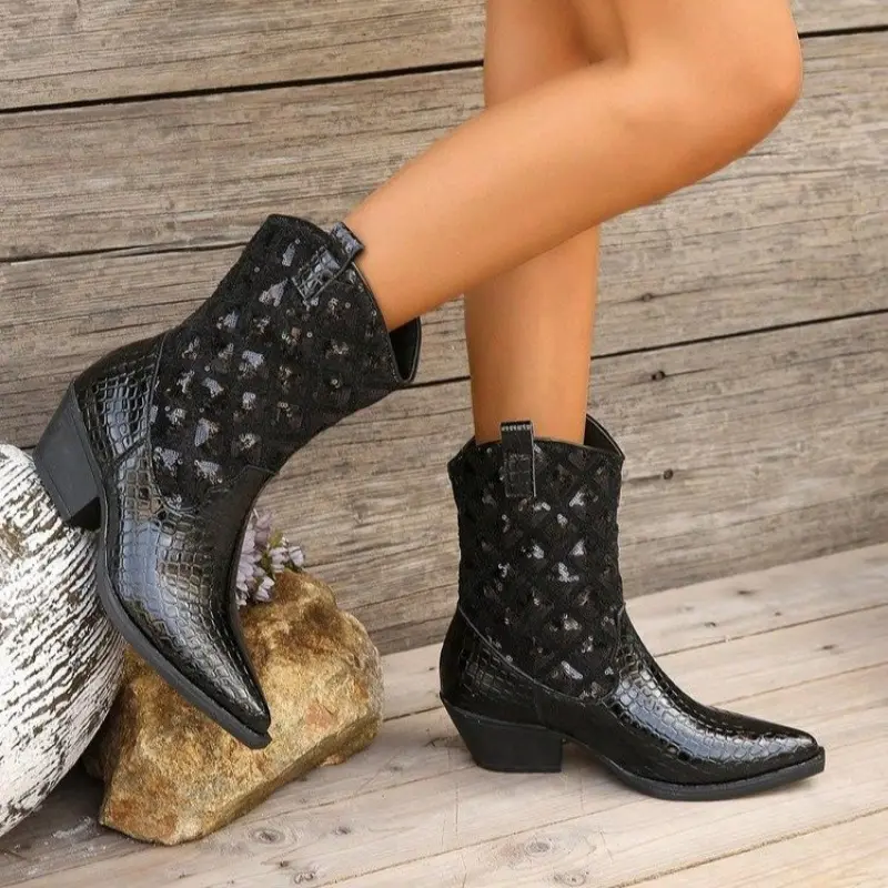 Women's Low-heeled Western Boots Women's New Fall Pointy Sequined Fashion Mid-calf Boots with Chunky Heels