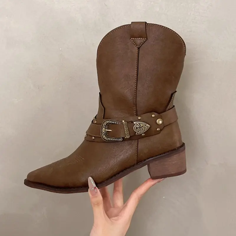 Block Heel Boots Autumn New Pointed Toe Sleeve Rivet Metal Buckle Anti-slip Wear-resistant Low Heel Shoes