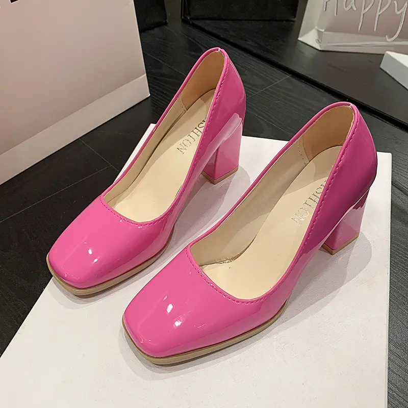 Autumn New Thick Heel Shoes Women's Fashion Square Head Shallow Mouth Slip-on Non-slip Low High Heels
