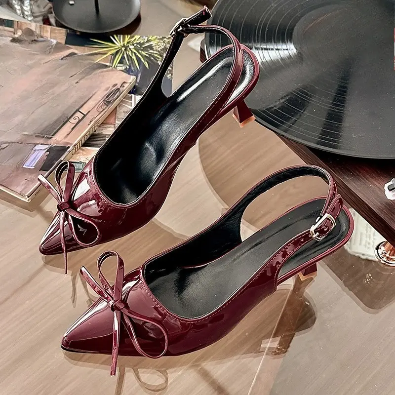 Patent Leather Wrapped Toe Sandals Women's Spring and Summer New Bow One Strap Non-slip Pointed Toe High Heels