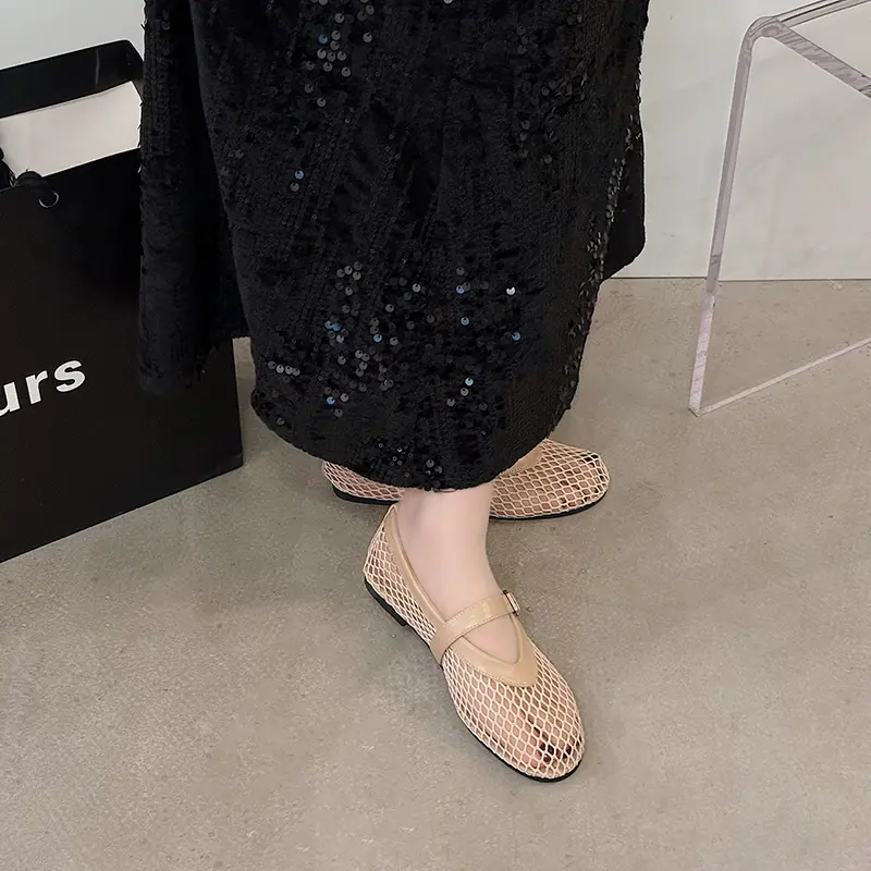 Spring New Flat Shoes Women Fashion Round Head Open Toe Mesh Cloth Breathable Line with Soft Soles Non-slip Single Shoes