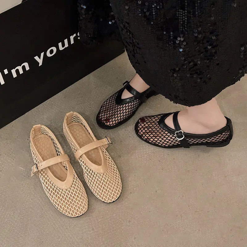 Spring New Flat Shoes Women Fashion Round Head Open Toe Mesh Cloth Breathable Line with Soft Soles Non-slip Single Shoes
