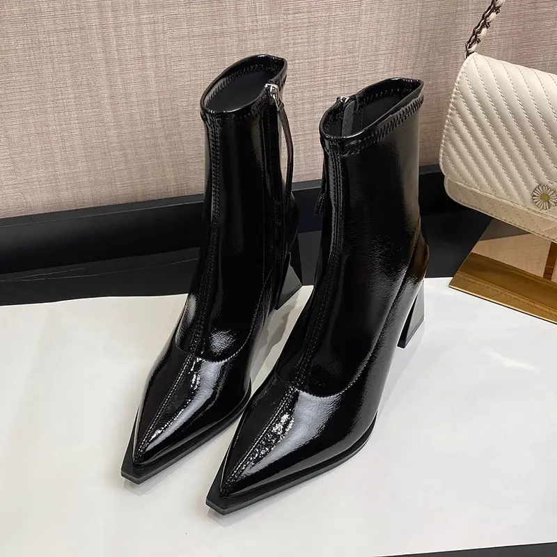 Women's Fashion Chunky Single Boots Fall New Pointy Side Zipper Anti-slip Wear-resistant Short Boots