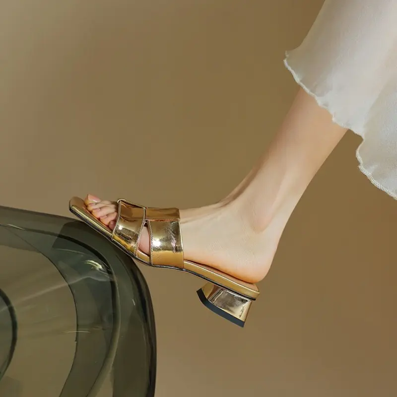 Plus Size Square Toe Open Toe Slippers Women's Summer Weave High Silver Block Heel Mid-heel Gold Sandals