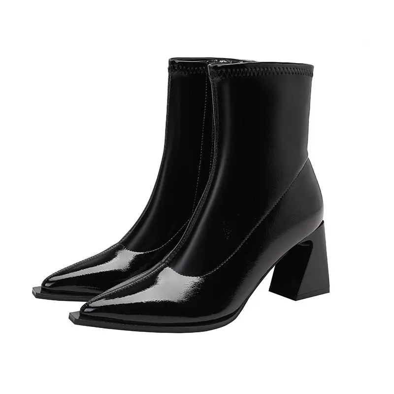 Women's Fashion Chunky Single Boots Fall New Pointy Side Zipper Anti-slip Wear-resistant Short Boots