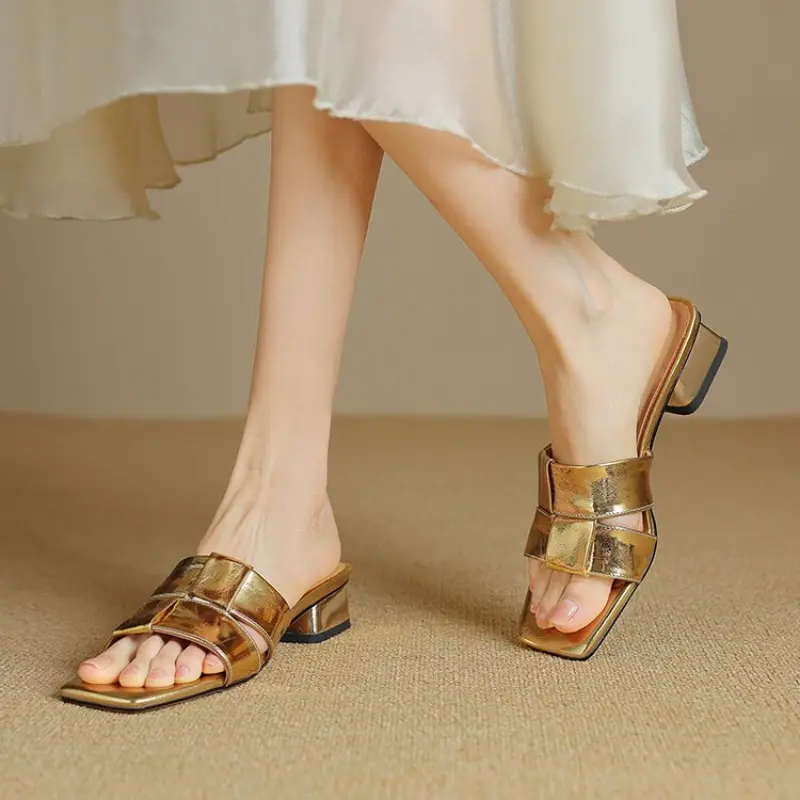 Plus Size Square Toe Open Toe Slippers Women's Summer Weave High Silver Block Heel Mid-heel Gold Sandals