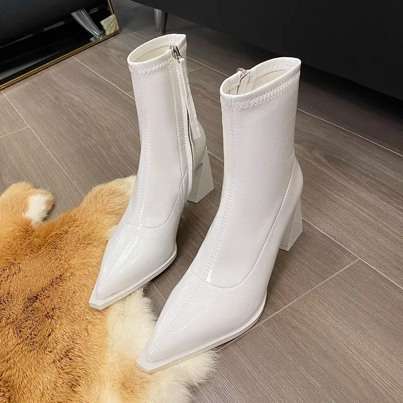 Women's Fashion Chunky Single Boots Fall New Pointy Side Zipper Anti-slip Wear-resistant Short Boots