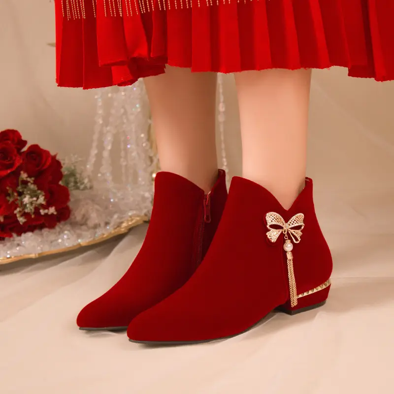 Winter New Thick Heel Cotton Boots Women Fashion Pointed Suede Side Zipper Butterfly Knot Short Tube Wedding Shoes