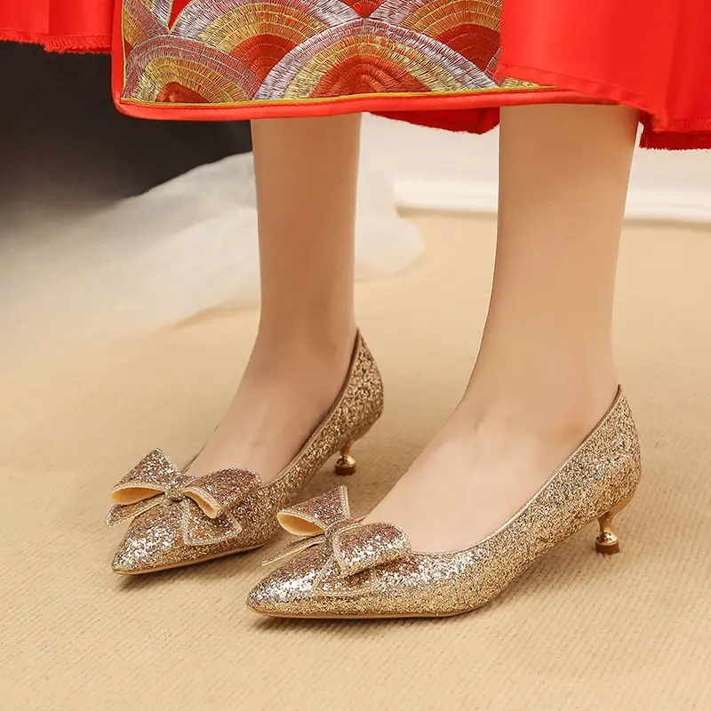 Women's Slim Heel Shoes Fall New Pointy Shallow Mouth Butterfly Knot Sequin Non-slip Temperament Low Top Shoes