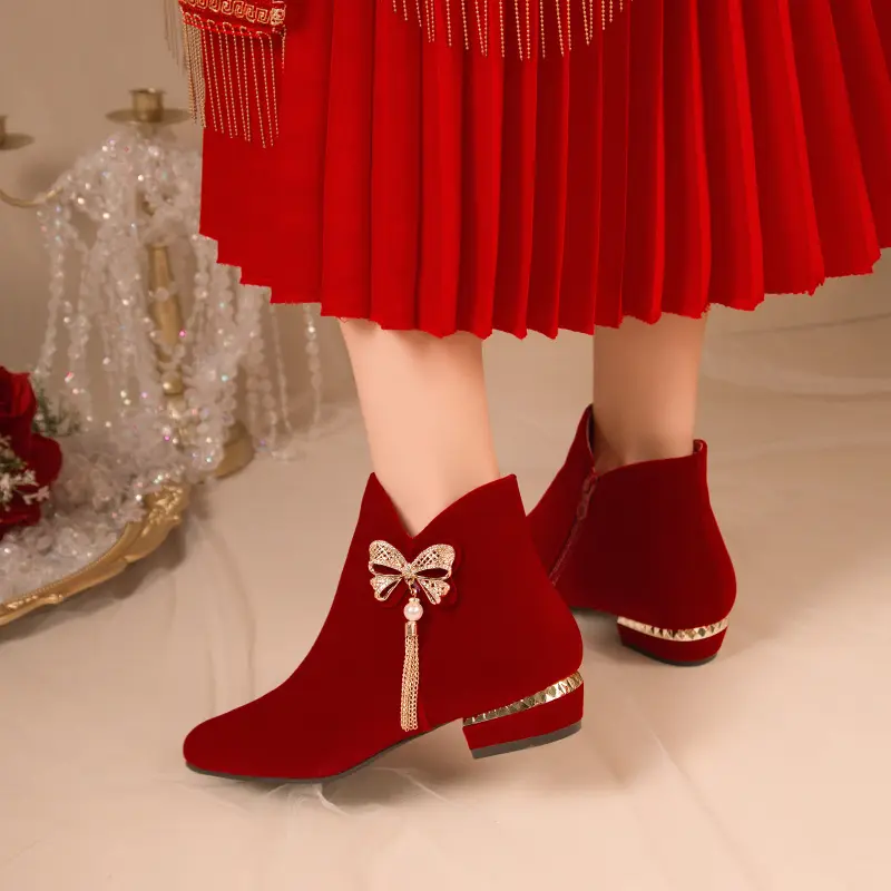 Winter New Thick Heel Cotton Boots Women Fashion Pointed Suede Side Zipper Butterfly Knot Short Tube Wedding Shoes