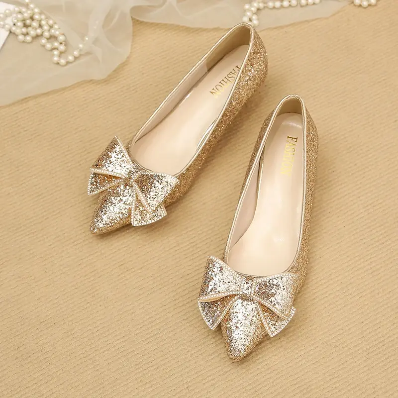Women's Slim Heel Shoes Fall New Pointy Shallow Mouth Butterfly Knot Sequin Non-slip Temperament Low Top Shoes