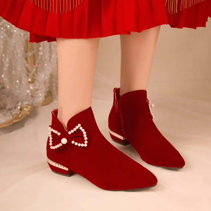 Winter New Thick Heel Cotton Boots Women Fashion Pointed Suede Side Zipper Butterfly Knot Short Tube Wedding Shoes