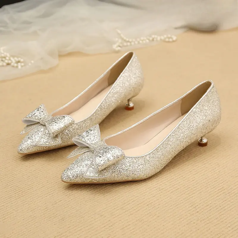 Women's Slim Heel Shoes Fall New Pointy Shallow Mouth Butterfly Knot Sequin Non-slip Temperament Low Top Shoes