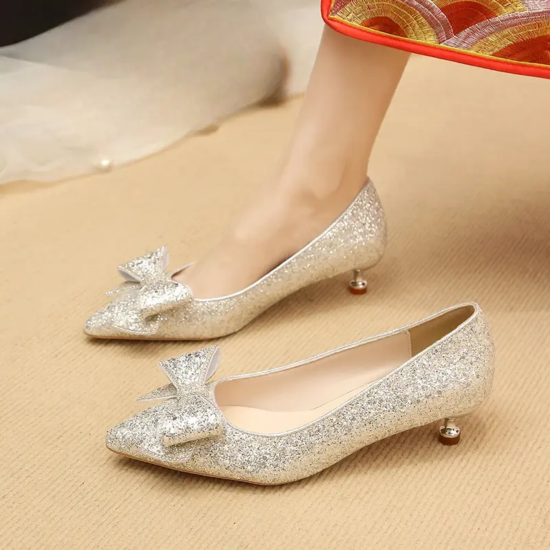 Women's Slim Heel Shoes Fall New Pointy Shallow Mouth Butterfly Knot Sequin Non-slip Temperament Low Top Shoes