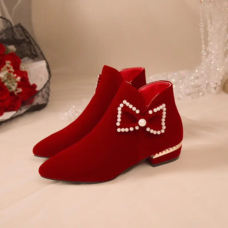 Winter New Thick Heel Cotton Boots Women Fashion Pointed Suede Side Zipper Butterfly Knot Short Tube Wedding Shoes