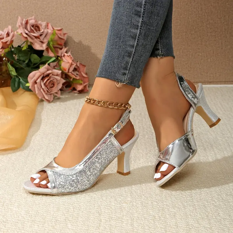 Fish Mouth Stiletto Sandals Autumn New Round Toe Open Toe One Sequin Anti-Slip Wear-Resistant High Heels