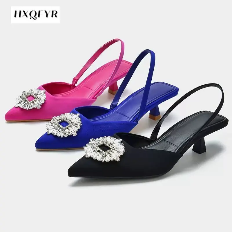 2022 Summer Women Sandals New Women's Shoes Pointed Toe Shallow Nude Pink Diamond Shoes Low Heel Back Strappy Shoes Women