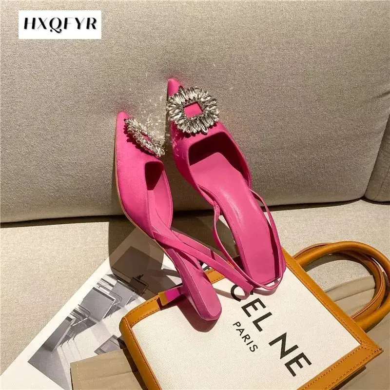 2022 Summer Women Sandals New Women's Shoes Pointed Toe Shallow Nude Pink Diamond Shoes Low Heel Back Strappy Shoes Women