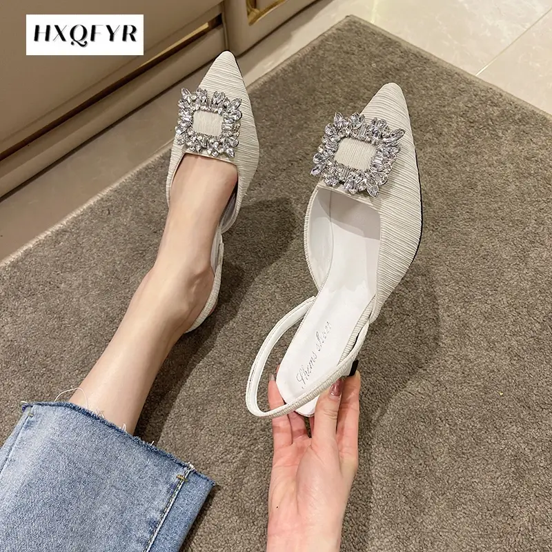 2022 Summer Women Sandals New Women's Shoes Pointed Toe Shallow Nude Pink Diamond Shoes Low Heel Back Strappy Shoes Women