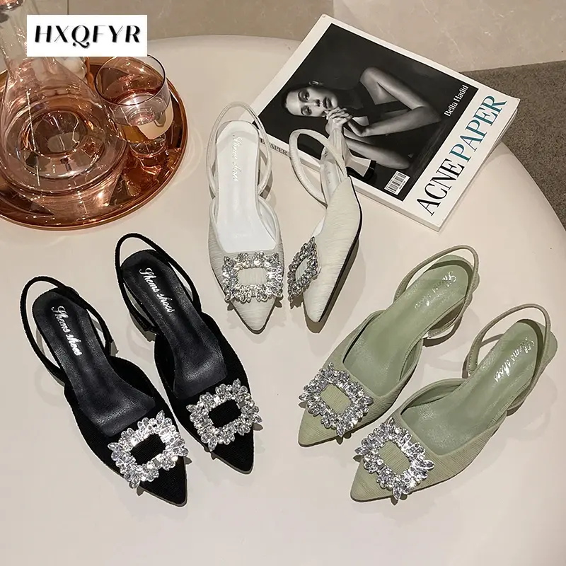 2022 Summer Women Sandals New Women's Shoes Pointed Toe Shallow Nude Pink Diamond Shoes Low Heel Back Strappy Shoes Women