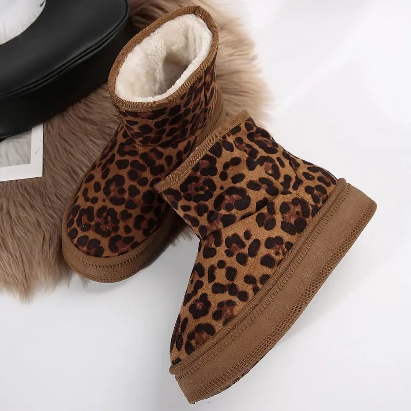 Winter New Flat Snow Boots Women's Round Head Suede Leopard Print Soft Sole Anti-slip Wear-resistant Thick Sole Short Boots