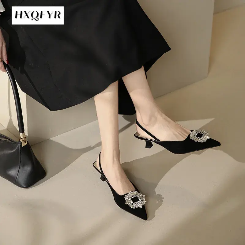 2022 Summer Women Sandals New Women's Shoes Pointed Toe Shallow Nude Pink Diamond Shoes Low Heel Back Strappy Shoes Women