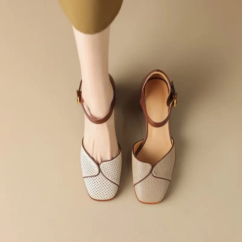 Summer New Square Head Hollowed-out Bowhead Sandals Women's Medium Heel Chunky Breathable High Heels
