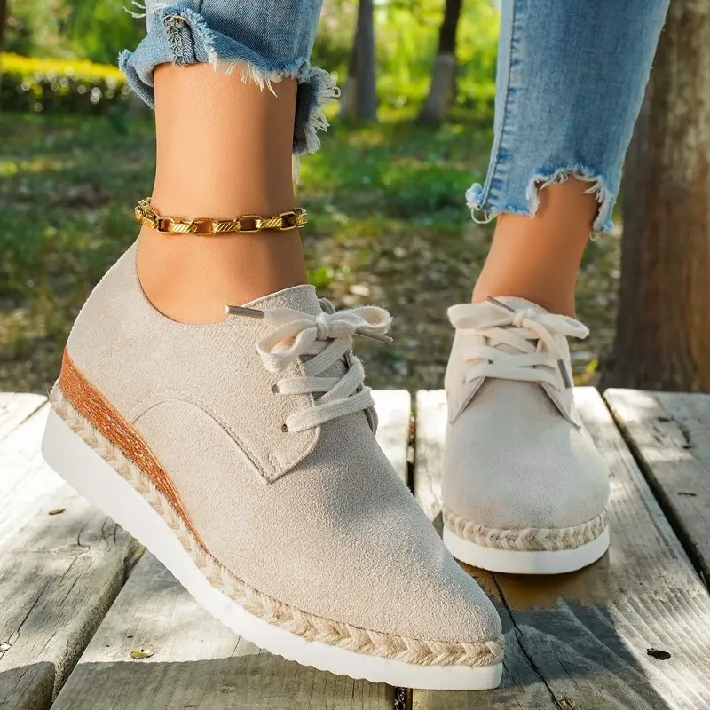 Grass-covered Mid-heel Single Shoes New Round Toe Suede Lace-up Soft-sole Non-slip Low-top Shoes for Autumn