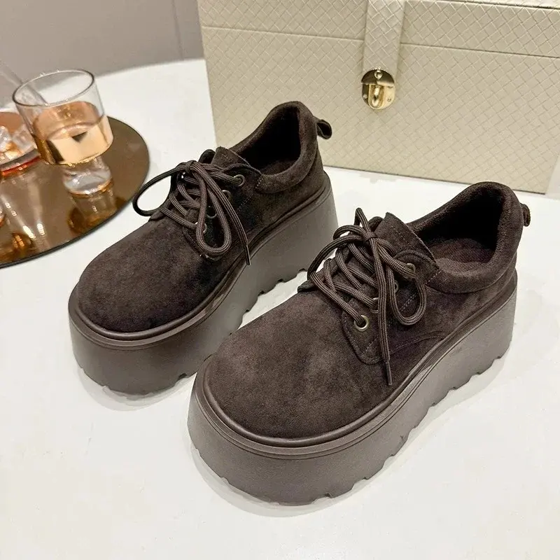 Women's Fashion Thick Sole Cotton Boots Winter New Round Head Suede Front Lace-up Anti-slip Wear-resistant Low-top Shoes