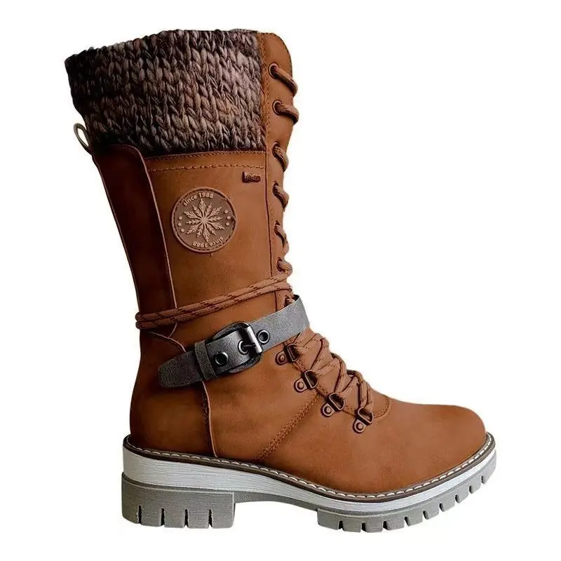 Women's Fashion Chunky Cotton Boots Winter New Round Head Suede Front Lace-up Side Zipper Platform High Boots