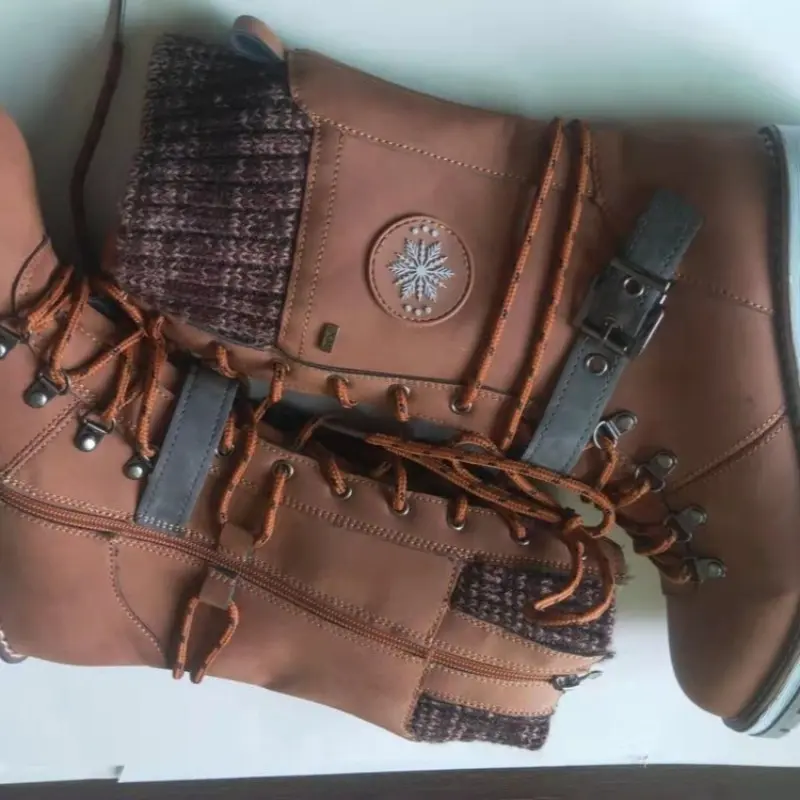 Women's Fashion Chunky Cotton Boots Winter New Round Head Suede Front Lace-up Side Zipper Platform High Boots