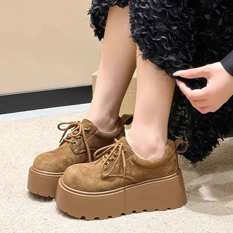 Women's Fashion Thick Sole Cotton Boots Winter New Round Head Suede Front Lace-up Anti-slip Wear-resistant Low-top Shoes