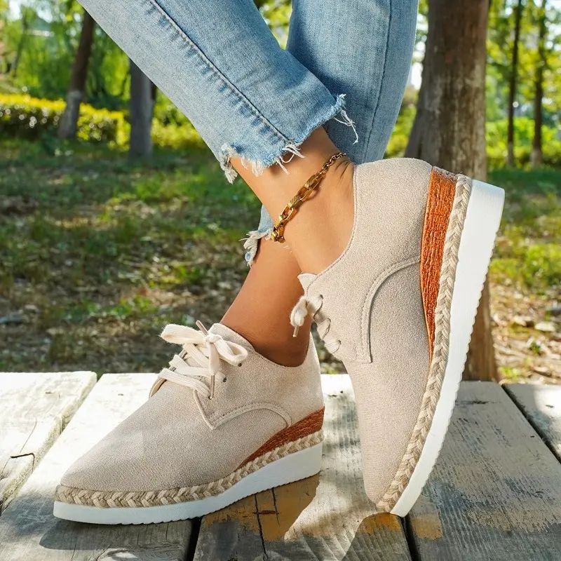 Grass-covered Mid-heel Single Shoes New Round Toe Suede Lace-up Soft-sole Non-slip Low-top Shoes for Autumn