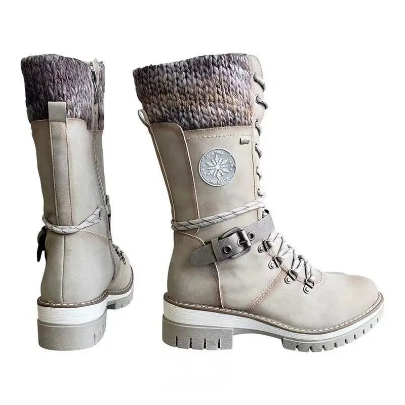 Women's Fashion Chunky Cotton Boots Winter New Round Head Suede Front Lace-up Side Zipper Platform High Boots