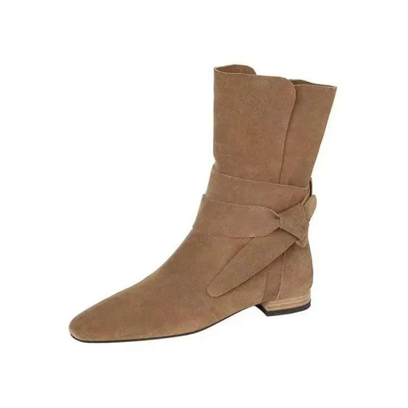 Women's Fashion Flat Ankle Boots Winter New All-in-one Round Head Low Heel Vintage Grinding Leather Chunky Ankle Boots