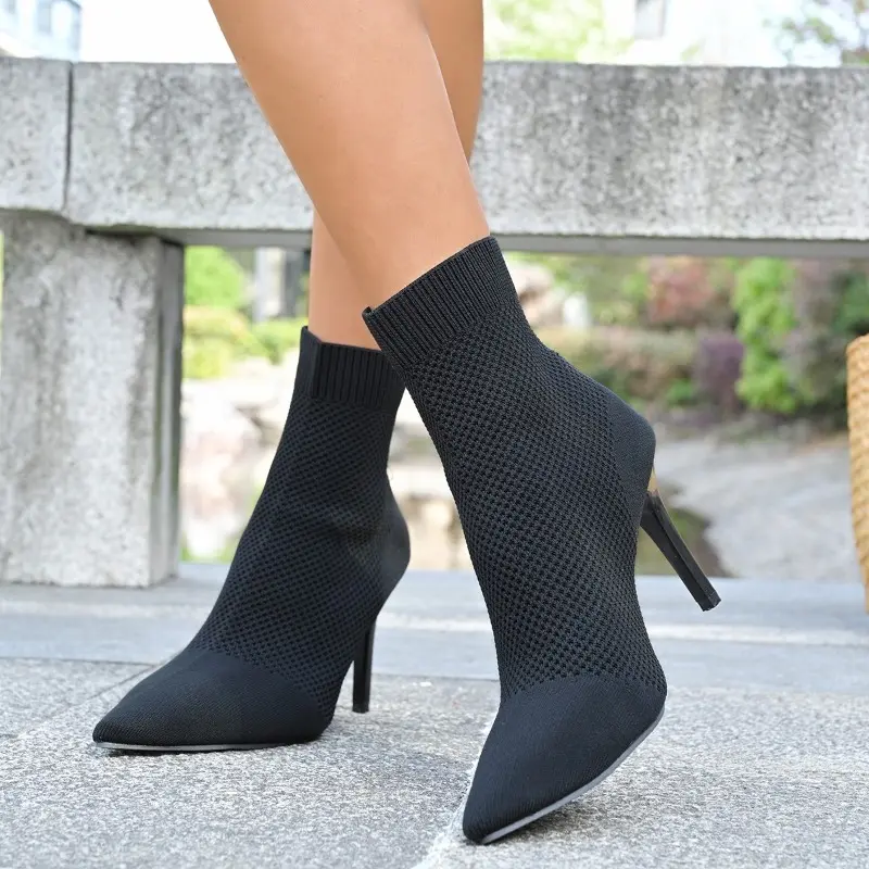 Temperament Skinny Boots Women's Fashion Pointed Toe Mesh Breathable Sleeve Anti-Slip Wear-Resistant Slim Heel Shorthole