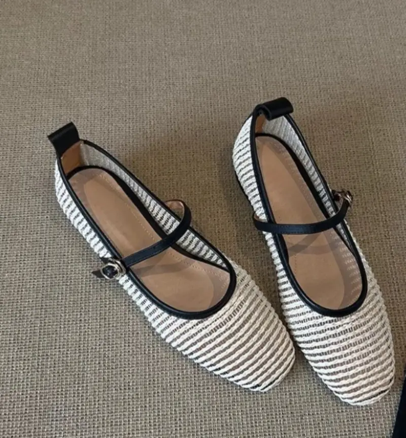 Summer Vintage Woven Mary Jane Flats Super Soft Mesh Anti-Slip Wear-Resistant Round Toe Shallow Strap Single