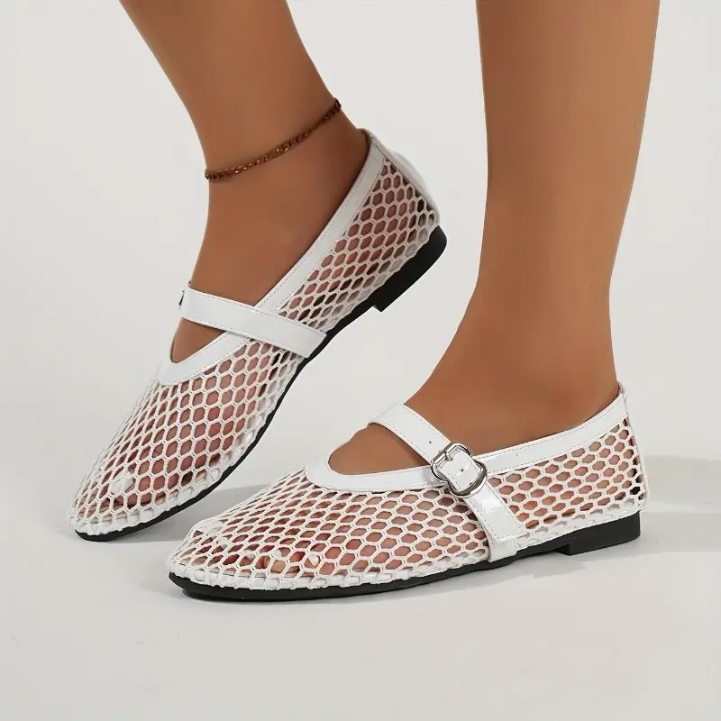 Flat Shoes Spring New Round Head Shallow Mouth Mesh Cloth Breathable Metal Buckle Line with Soft Sole Non-slip Single Shoes