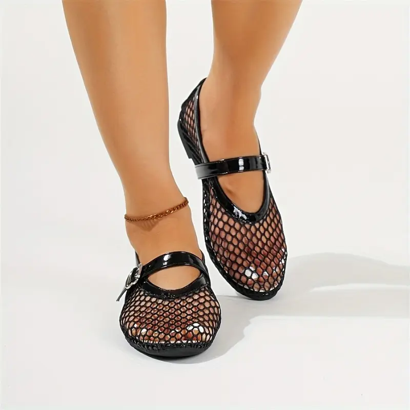 Flat Shoes Spring New Round Head Shallow Mouth Mesh Cloth Breathable Metal Buckle Line with Soft Sole Non-slip Single Shoes